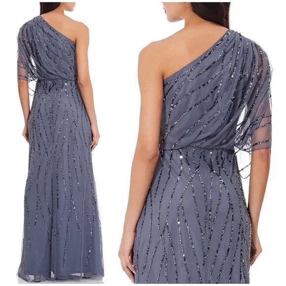 Adrianna Papell Sequined One-Shoulder Gown - Picture 13 of 14
